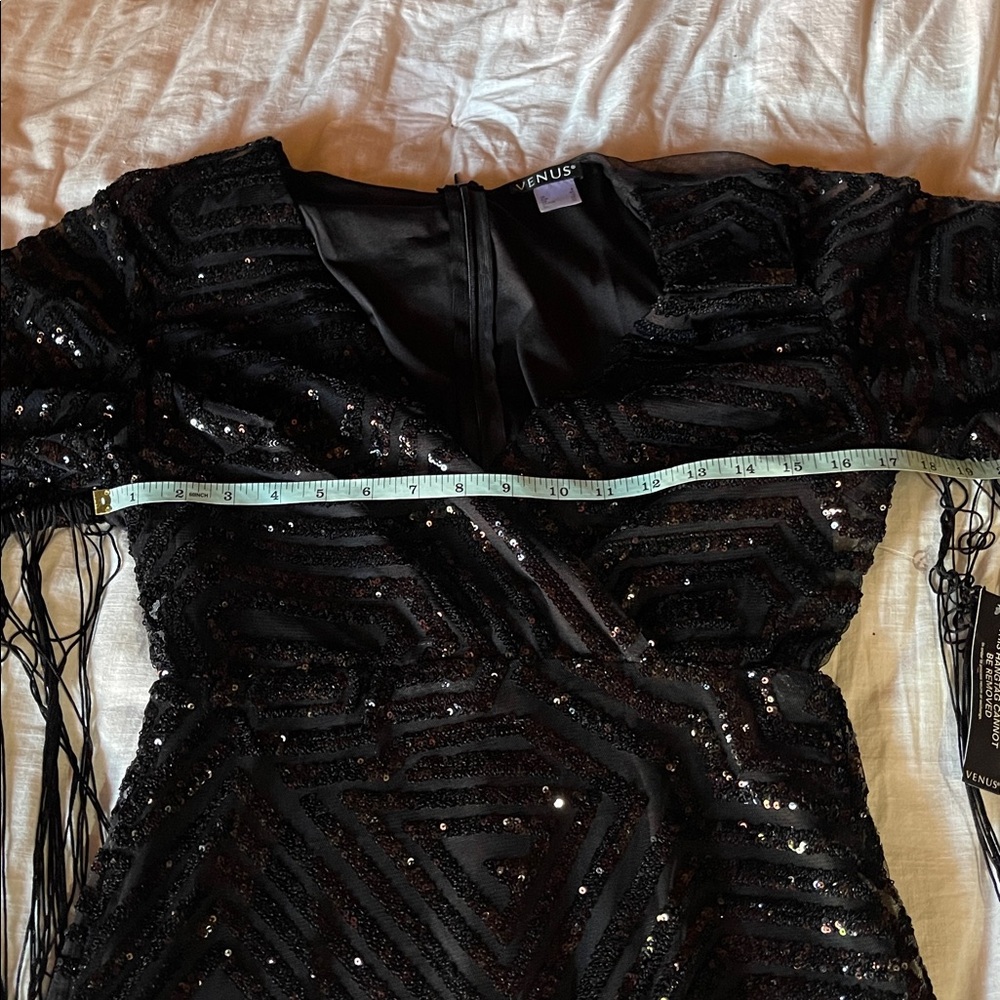 Venus NWT Black Sequin Bell Sleeve Fringe V-Neck Mini Dress - Picture 13 of 15